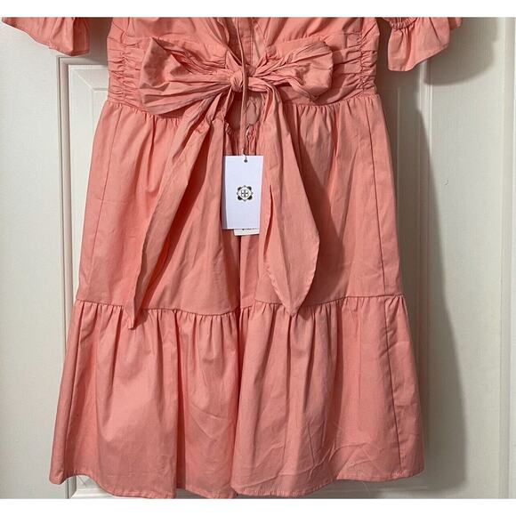 WAYF Mini Dress Womens Size Medium Peach Ruffle Neck Tiered Button Tie MSRP $158 - Picture 13 of 15